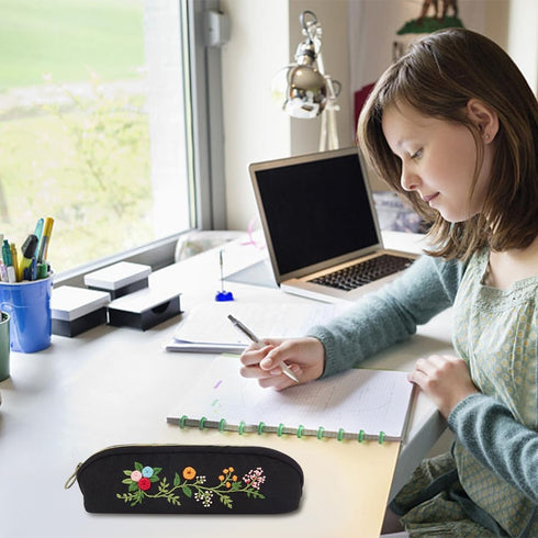 FREEBLOSS Embroidery Pencil Case Embroidery Kit Black Pencil Case Making Kit Flower Style Embroidery Starter Kit with Instruction Handmade Pencil ...