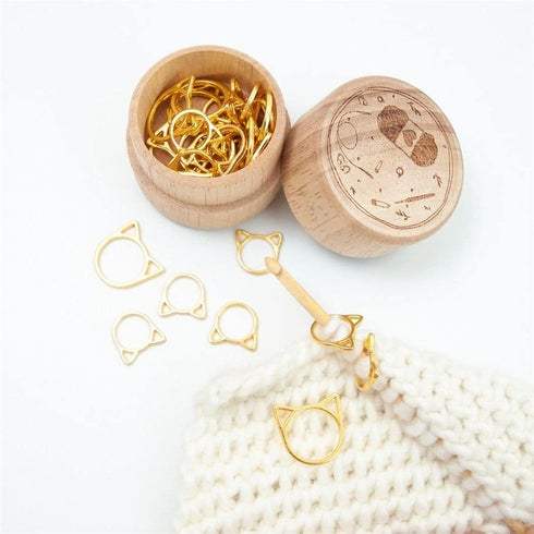 30 Pcs Stitch Markers with Wooden Storage Box, Cat Ears Metal Knitting Crochet Locking Markers Crochet Latching DIY Weaving Knitting Sewing Tools...