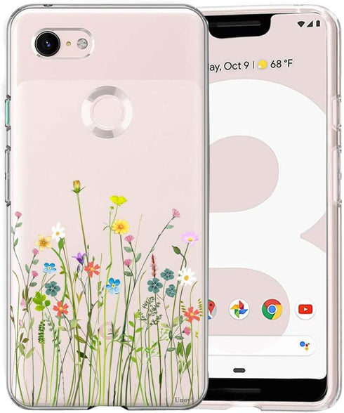 Unov Pixel 3 XL Case Clear with Design Soft TPU Shock Absorption Slim Embossed Floral Pattern Protective Back Cover for Pixel 3 XL 6.3 inch (Flowe...
