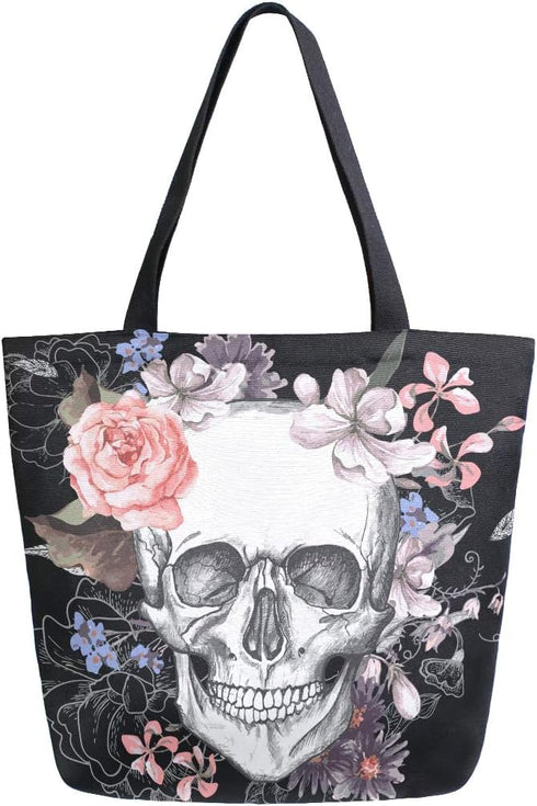 Naanle Day of The Dead Canvas Tote Bag - Large Women's Casual Shoulder Handbag, Floral Skull Reusable Multipurpose Heavy Duty Shopping Grocery Cot...