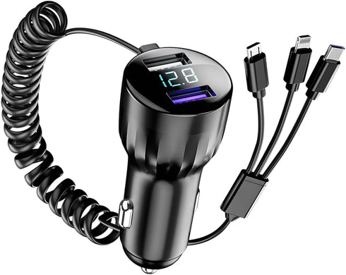 66W Super Fast Car Charger, Mini USB TypeC PD QC4.0 Dual Port Automotive Phone Charger Adapter with 3 Coiled Cable, Compatible with 13 14 15 Pro M...