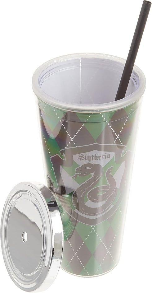 Spoontiques Harry Potter Acrylic Foil Cup with Straw, 20oz - Metallic Locking, Double Wall Insulated, BPA Free - Slytherin...