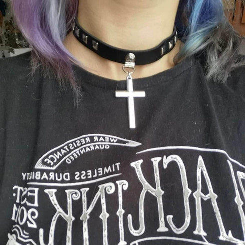 Olbye Cross Short Choker Necklace Black Leather Spike Studded Collar Necklace Goth Prayer Necklaces Punk PU Necklace Jewelry for Women and Girls R...