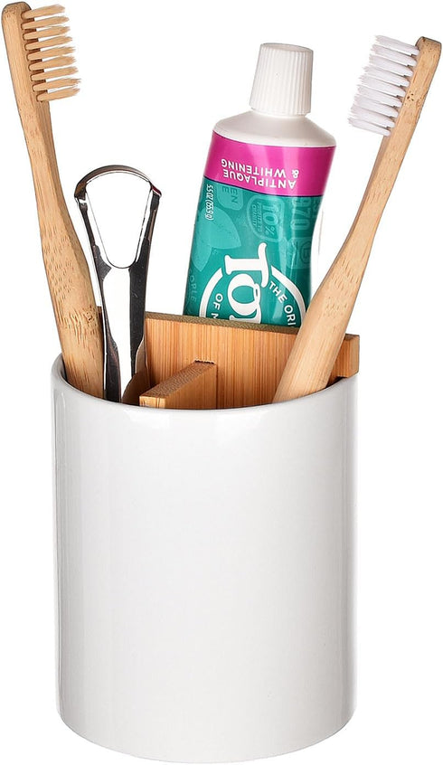 Ceramic Toothbrush and Toothpaste Holder with Bamboo Divider for Bathroom Countertop, White Toothbrush Organizer Stand for Bathroom Vanity Counter...