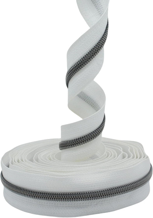 MebuZip #5 Gunmetal Metallic Nylon Coil Zippers by The Yard Bulk Coil Zipper Roll 10 Yards with 25pcs Pulls for DIY Sewing Craft Bags (White)...