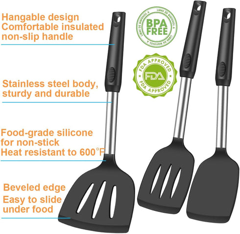 Spatula Set Silicone Spatula Heat Resistant Spatulas for Nonstick Cookware Rubber Spatula Turner Fish Wok Spatula, Large Nonstick Silicone Egg Spa...
