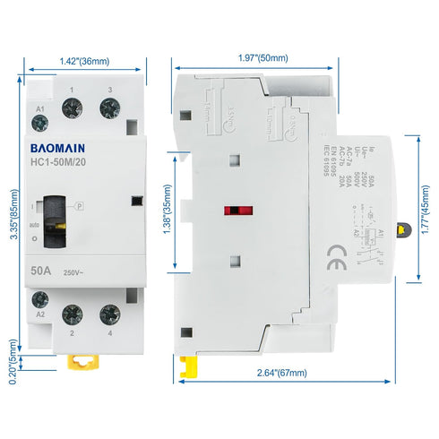 Baomain Manual Household AC Contactor 50A 110V AC Coils 2 Pole 50/60Hz Modular Contactor Circuit Control 35mm DIN Rail (HC1-50M/20_2NO_2P)...