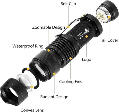 ULTRAFIRE 3 Pack Mini Flashlights Focus Adjustable SK68 Single Mode Tactical LED Flashlight, Ultra Bright 300 Lumens Torch...