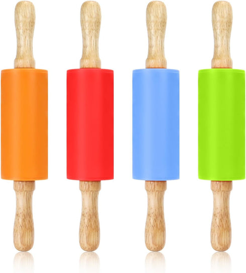 4 Pack Mini Rolling Pin for Kids, 9 Inch Wooden Handle Rolling Pin Non-Stick Silicone Rolling Pins for Children Cake Baking...