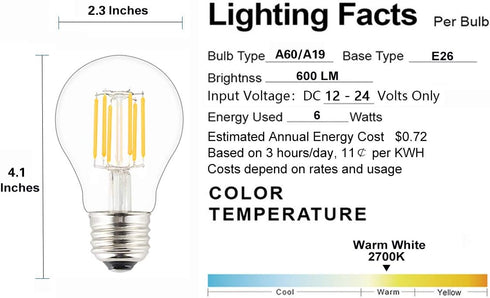 DC 12V-24V Low Voltage Input LED Bulb, Classic A19(A60) Style, 6W 600Lm, Dimmable with 12V PWM DC Dimmer, E26 Medium Base Lamp, Warm White Light, ...