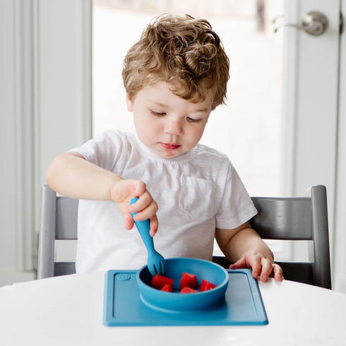 ezpz Mini Utensils - 12 Months+ (Fork & Spoon in Blue) - 100% BPA Free Fork and Spoon - Toddler Utensils - Designed by a Pediatric Feeding Special...