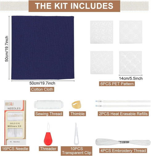 WEBEEDY DIY Sashiko Placemat Kit with Traditional Japanese Sashiko Pattern Template Fabric Embroidery Stitching Sashiko Table Mats with Instructio...