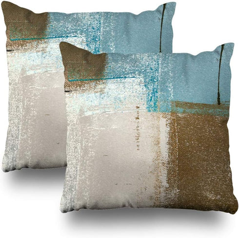 Set of 2 Decorative Pillow Case Throw Pillows Covers for Couch Indoor Bed 18 x 18 Inch, Blue Brown Abstract Art Painting Home Sofa Cushion Cover P...