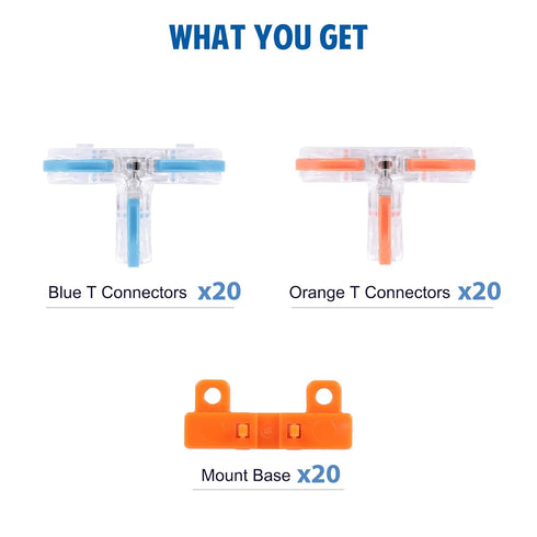 Brightfour T Tap Connectors for AWG 28-12, Lever Wire Connectors 40 Pack, Pushin 3 Way T Connectors for Wiring, 10 Mount Bases Included...