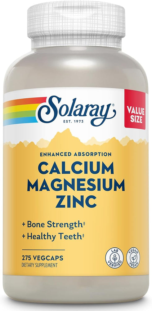 SOLARAY Calcium Magnesium Zinc Supplement - with Calcium 1000mg, Magnesium 500mg - Bone Health, Muscle Function, Heart Health and Immune Support -...