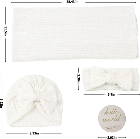 Muslin Blanket,Baby Swaddle Set Newborn - Receiving Headband Blankets and Bow Hat,Newborn Essentials, Soft Nursery Swaddling Blankets?Stretchy Bab...