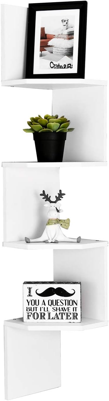WELLAND Zig - Zag Floating Corner Shelves, 4-Tier Wall Mounted Storage Shelf with White Finish for Bedroom, Living Room, Bathroom, Display Shelf f...
