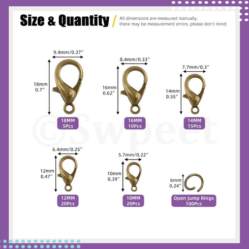 Swpeet 170Pcs Bronze 10mm 12mm 14mm 16mm 18mm Open Jump Rings and 6mm Lobster Clasps Assortment Kit, Perfect Jewelry Findings Kit Fits for DIY Mak...