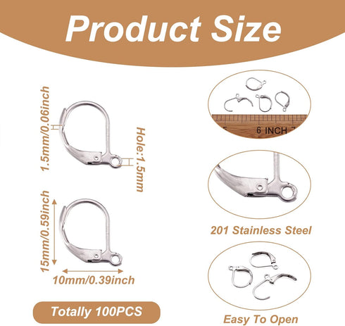 Pandahall 100pcs Stainless Steel Lever Back Hoop Earrings Surgical Earring Components for Jewelry Makings 13x10x1.5mm...