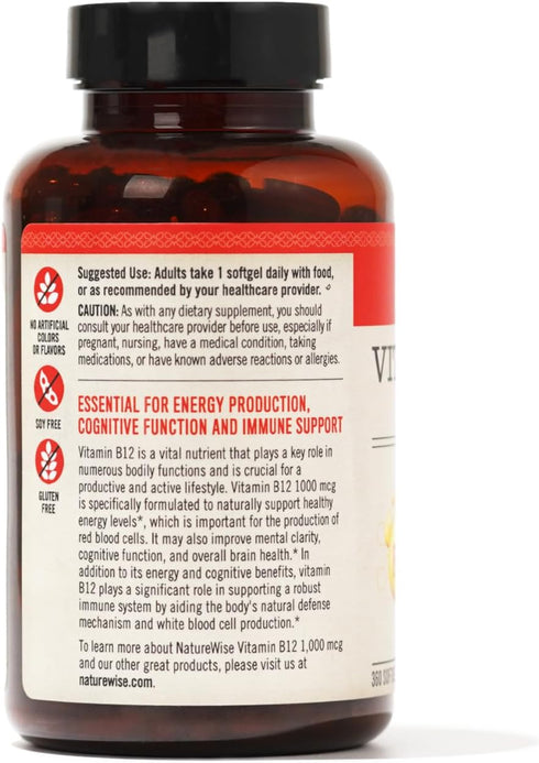 NatureWise Vitamin B12 1000 mcg - B12 Vitamin Supplement for Supporting Energy Levels, Mental Clarity, Nervous System Health - Easy-To-Swallow, Gl...