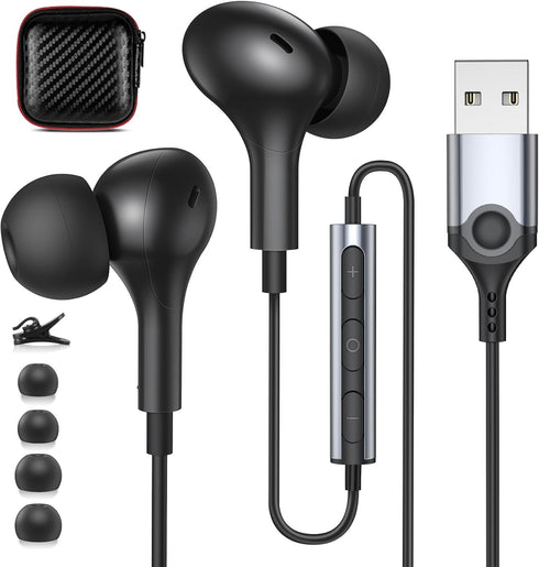 USB Headphones with Microphone for PC USB A Earbuds for PS5 Computer 2.3M Cord Magnetic in-Ear Headset Audio Control Mute Function for Laptop Desk...