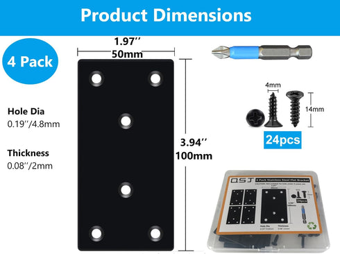 4 Pack Black Flat Mending Plate,Six-Hole Metal Bracket, Straight Steel Brace 3.94 x 1.97'', Fixing Joining Plate for Wood with 24PCS Screws, 1x Sc...
