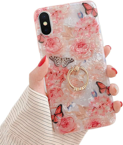Qokey for iPhone Xs Max Case 6.5 inch,Clear Flower Design Cute Fashion for Women Girls with 360 Degree Rotating Ring Stand Holder Kickstand Soft T...