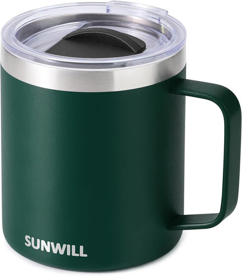 SUNWILL Travel Coffee Mug with Lid, Insulated Cup with Handle, 14 oz Stainless Steel Tumbler for Camping, Office, Outdoor, Powder Coated Forest Gr...