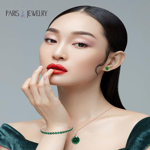 18K Rose Gold 3 Set Created Emerald Sapphire Round Necklace, Earrings And Tennis Bracelet Plated...