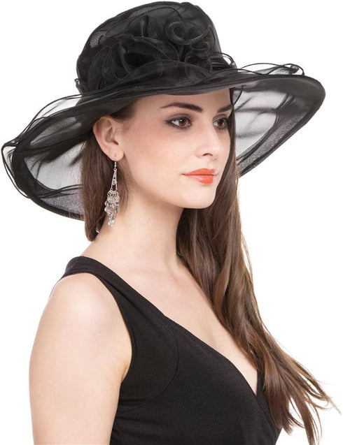 Lucky Leaf Women Kentucky Derby Church Cap Wide Brim Summer Sun Hat for Party Wedding (New Black)...