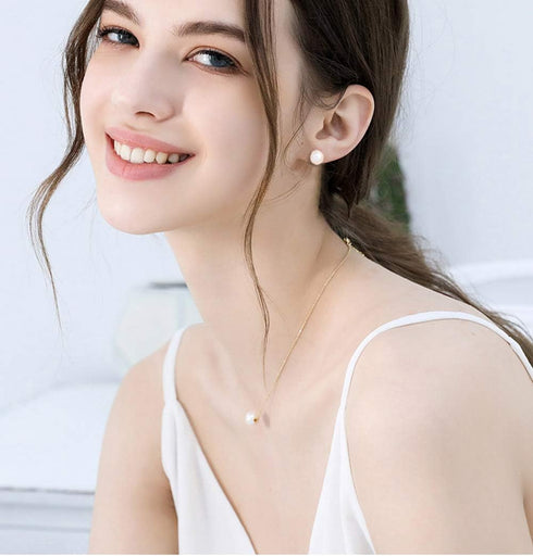 Bridesmaids Gifts Single Pearl Necklace Silver Stud Earrings Gift Floating Pendant 8-9mm Simple Chain Jewelry Set for Women Maid of Honor Gifts fo...