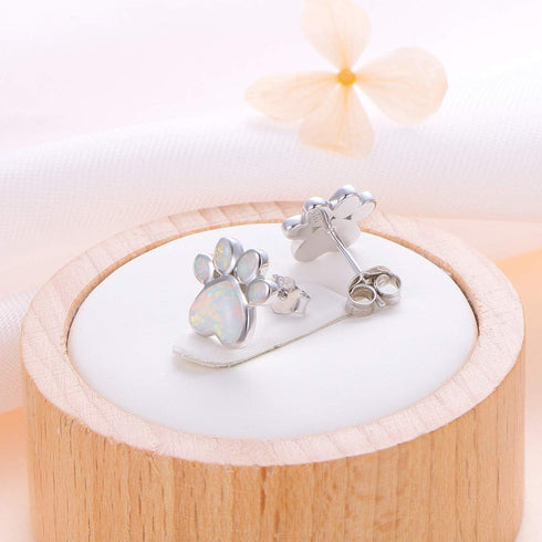 Ladytree S925 Sterling Silver Jewelry Puppy Dog Cat Pet Paw Print White Simulated Opal Stud Earrings...