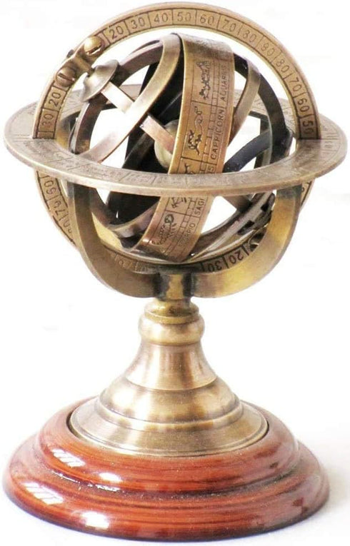 Brass Armillary Sphere Astrolabe On Wooden Base Maritime Nautical & Collectible...