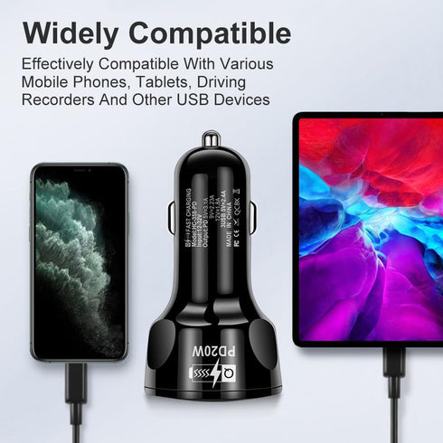 4 Port USB Fast Charging Cigarette Light Car Charger 3 * 2.4 A USB/ 1 PD20W LED Light Compatible with Tablets Cameras iPhone 14 13 12 11 Pro Max X...