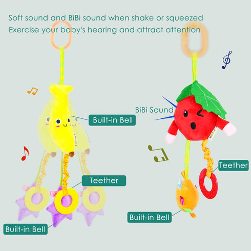 2PCS Soft Plush Hanging Stroller Toys with Teether and Rattles,Newborn Stroller Car Seat Crib Toys Colorful Fruits Sensory Early Development Toy f...