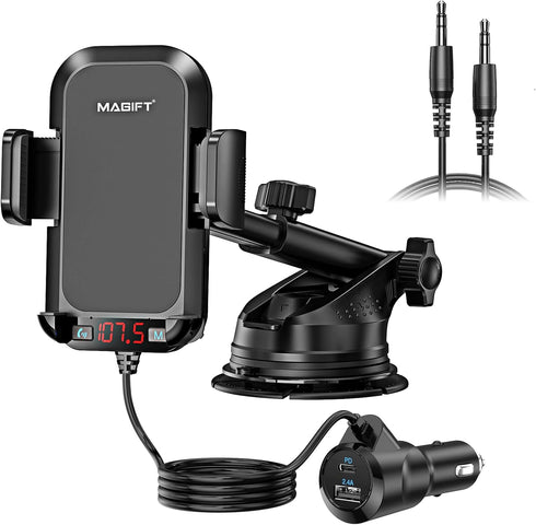 54W Bluetooth 5.3 FM Transmitter Car Adapter with Phone Holder 3-in-1, HiFi Bass Sound, Hands-Free Calling, 36W PD, QC 18W Supports TF/SD Card 64G...