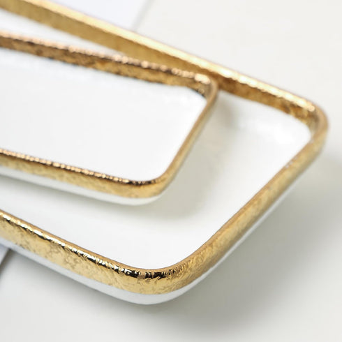 10 * 5" Granite Texture Fine Porcelain White Tray with Golden Edge,Decorative Vanity Tray for bathroom. for Jewelry storage, Ring & Key Holder, Ba...