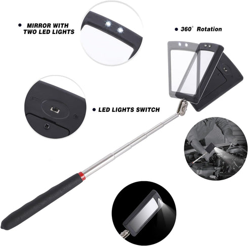 Magnetic Pick Up Kit 5pc, With 1lb And 10lb Pick Up Rod, Square 360 Swivel Adjustable Inspection Mirror And Flexible Led Flashlight, Magnetic And ...