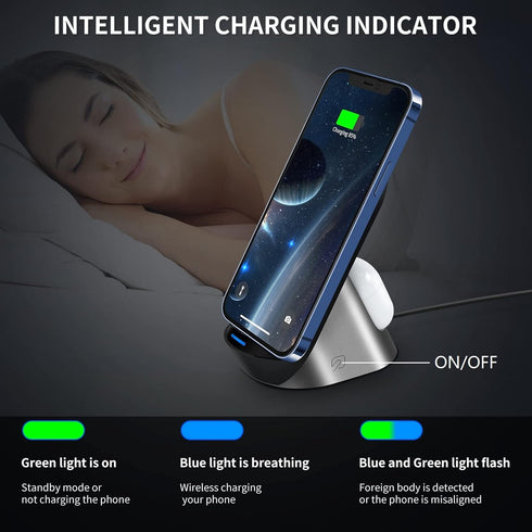 Wireless Charger, 2 in 1 15W Dual Fast Wireless Charging Stand Station for AirPods 2/Pro, iPhone 15/15 Plus/15 Pro Max/14/13/12 Pro Max/11/SE/XS/X...