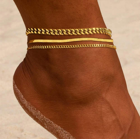 DEARMAY Gold Ankle Bracelets for Women Waterproof 3Pcs 14K Gold Plated Anklets Layered Cuban Link Chain Herringbone Dainty Cute Anklets Set Pack S...