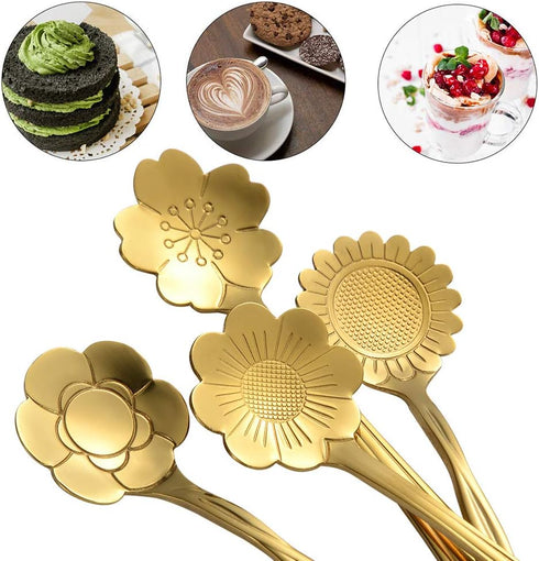 AnSaw 8 Piece Flower Scoop Set, Stainless Steel Reusable Tea Scoops Cake Spoon Set for Tea Parties (4.9 Inch, Gold)...