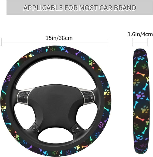 Black Rainbow Dog Paw Print Steering Wheel Cover Colorful Cute Bones Stearing Wheeler Covers Cooling Sterringwheelcovers Cool Girl Stering Coverin...