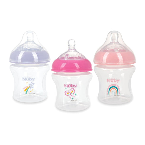 Nuby 3-Pack Infant Feeding Bottles with Slow Flow Breast Size Silicone Nipple: 0+ Months, 6oz, 3 Pack Set: Delicate Star, Rainbow, Butterfly Print...