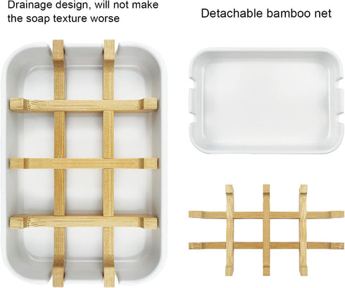 2 Pack Bamboo Soap Dish, Self-Draining Soap Box, Wooden Bamboo Bar Soap Holder for Shower, Bathroom, Kitchen, Bathtub, Bar Sink (White)...
