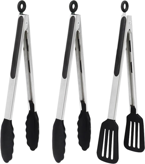 12 Inch Kitchen Tongs Set of 3, Silicone Tongs with Silicone Tips and Stainless Steel Handle, Tongs for Cooking, Baking, Grilling...
