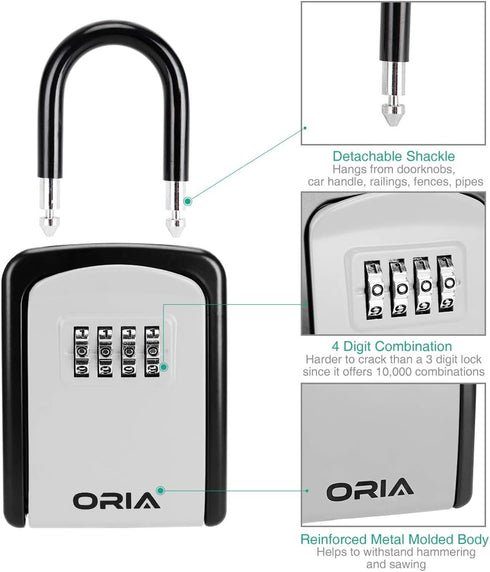 ORIA Key Lock Box, Key Safe Box, 4 Digit Combination Key Storage Lock Box Waterproof, 5 Keys Capacity with Removable Shackle for Indoor Outdoor, S...