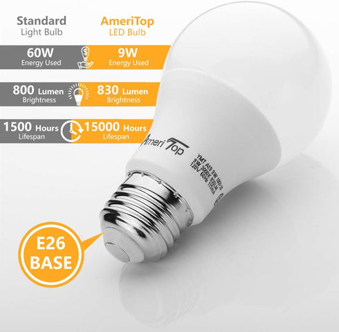 AmeriTop A19 LED Light Bulbs- 6 Pack, Efficient 9W(60W Equivalent) 830 Lumens General Lighting Bulbs, UL Listed, Non-Dimmable, E26 Standard Base (...