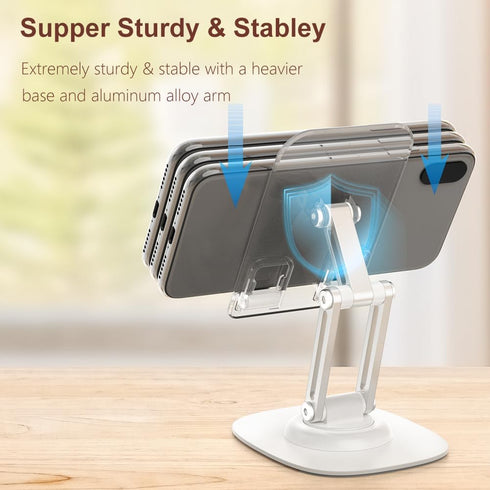 Phone Stand, Acrylic Phone Stand for Desk 360-Degree Rotation Cell Phone Holder with Sturdy Metal Base, Aluminum alloy arm, Compatible Most Phones...
