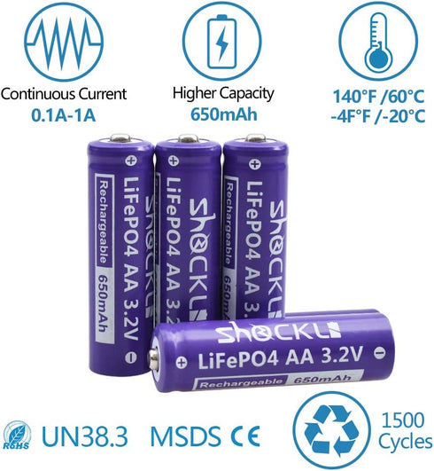 4 Pack- Shockli AA 3.2V LiFePo4 650mAh Battery, AA 3.2V Solar Rechargeable Batteries - Ideal for Solar Garden Light...