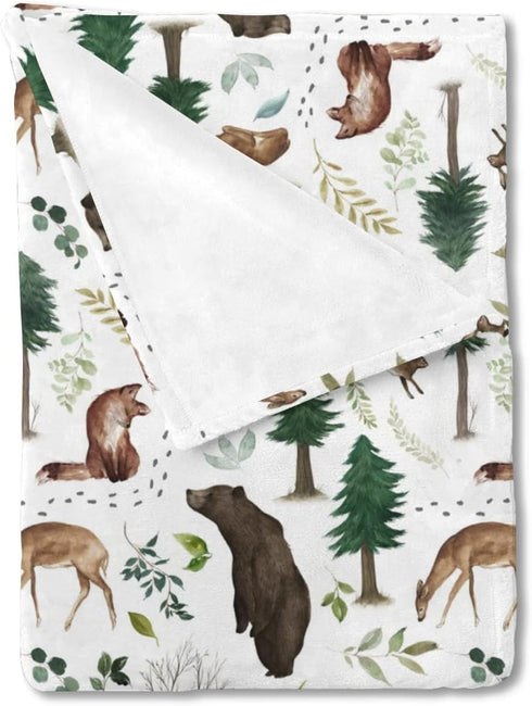 Woodland Forest Animals Baby Blanket Boys Gift, Pine Tree Bear Fox Deer Leaf Flannel Fleece Nursery Bed Swaddling Blankets, Soft Lightweight Newbo...